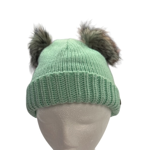 Columbia Mint Green Child’s Knit Acrylic Winter Hat w/Faux Fur OS New - Picture 2 of 7
